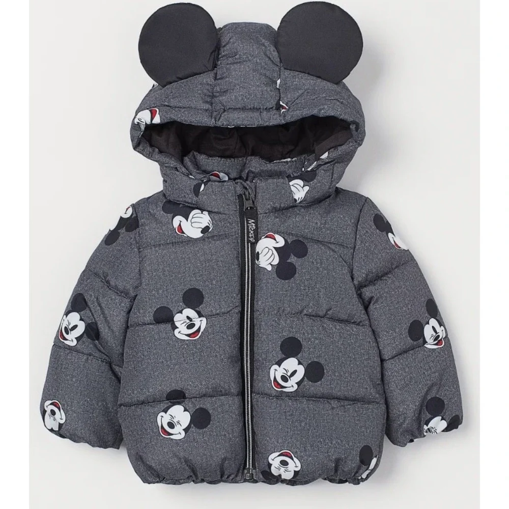 H&M Disney Mickey Mouse Puffer Jacket Grey Hooded 3D Ears Toddler 18M Coat NWOT